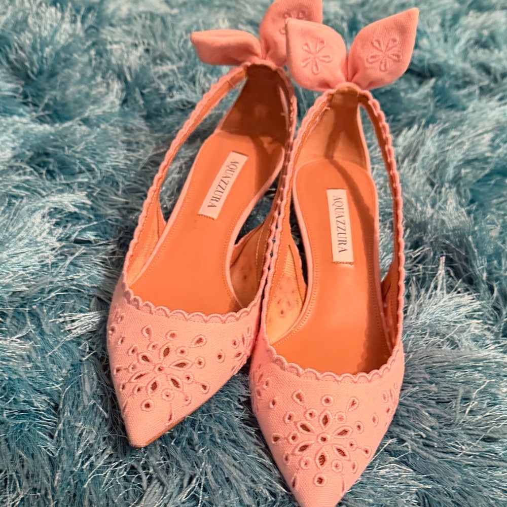 Aquazzura Pink Eyelet Embroidered Pointed Slingback Heels